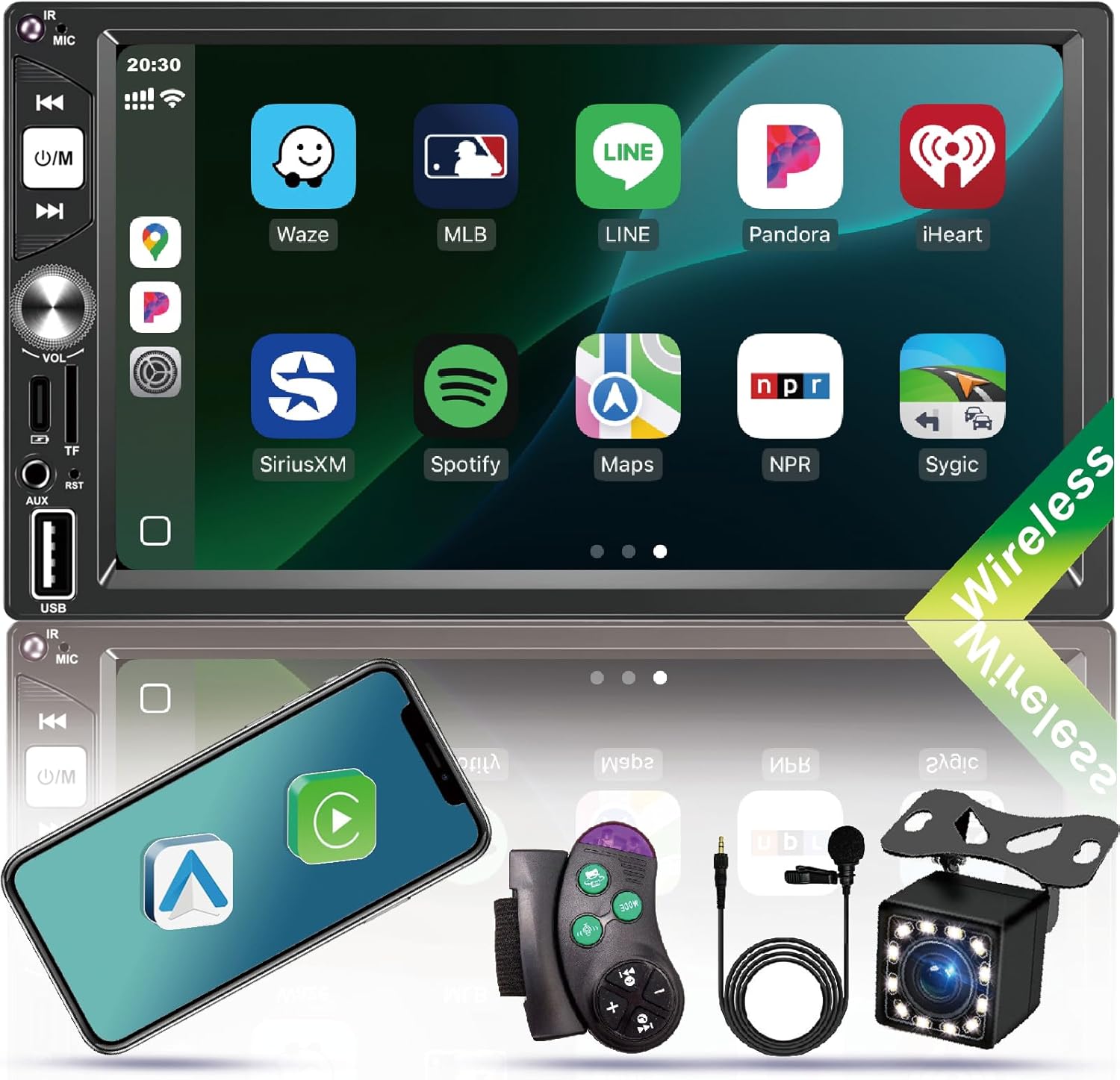 Double Din Car Stereo with Wireless Apple CarPlay & Android Auto,7 Inch IPS Touchscreen,Bluetooth 5.2,FM Radio, Backup Camera,Steering Wheel Control,USB Fast Charging,RCA Outputs,Subwoofer Support