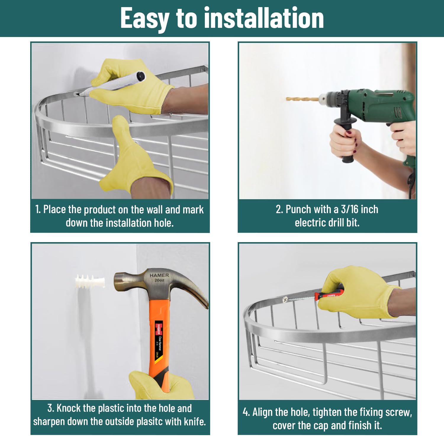 Organizador de ducha de acero inoxidable para montaje en pared, gancho individual y toallita de baño, impermeable, duradero, para baño, ahorra espacio, organizador y almacenamiento para champús,