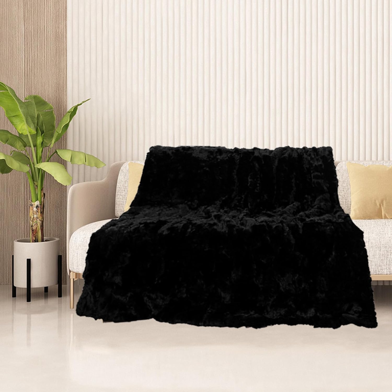 Luxury Rex Rabbit Fur Hide Throw Blanket - Ultra Soft Fluffy Rex Rabbit Skin Fur Plush Cozy Blanket for Couch, Bed & Sofa, Thick Warm Fuzzy Blanket 60x80 Inches, Black