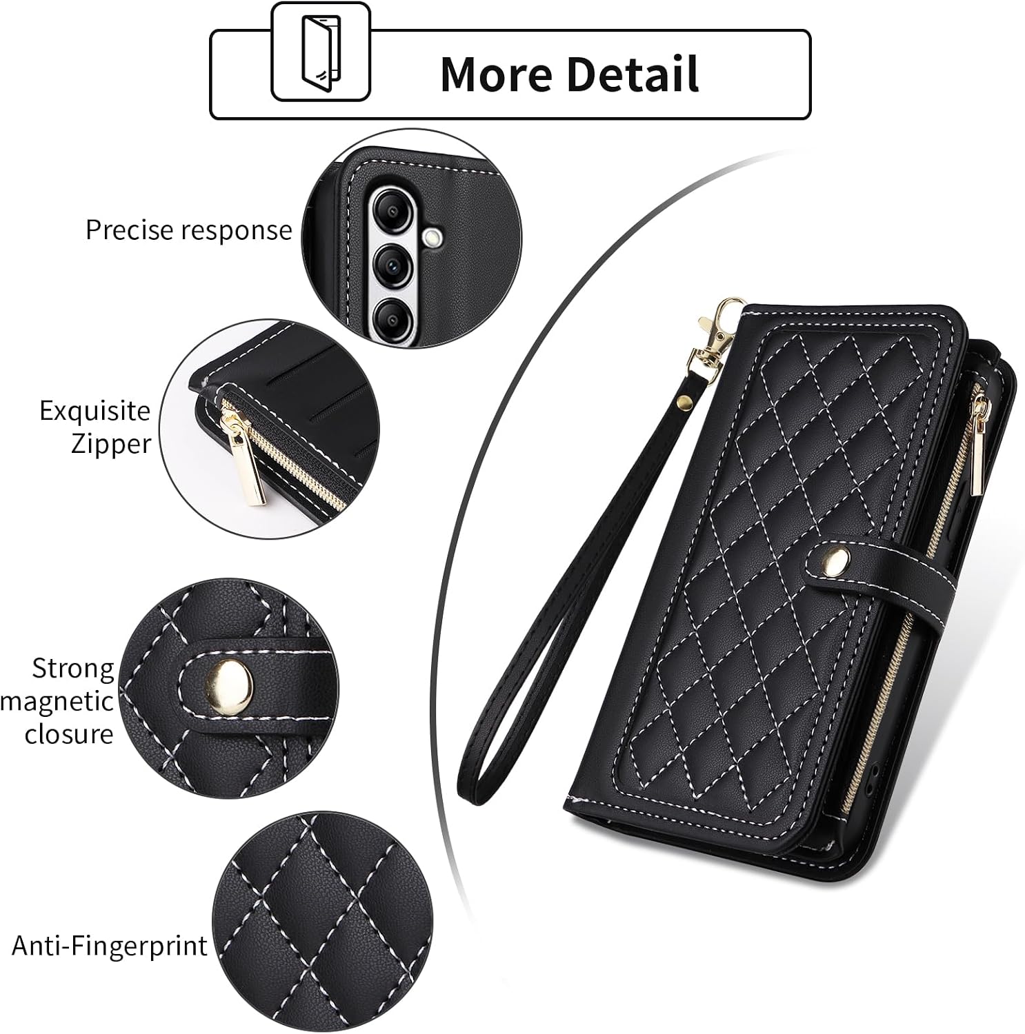 Wallet Case for Samsung Galaxy A16/A17/A26 5G with Wrist Strap Flip Zipper Credit Card Holder Soft Stand Argyle Pattern Phone Cover for A 16 17 26 16A 17A 26A 4G SM-A166U Women Girls Black