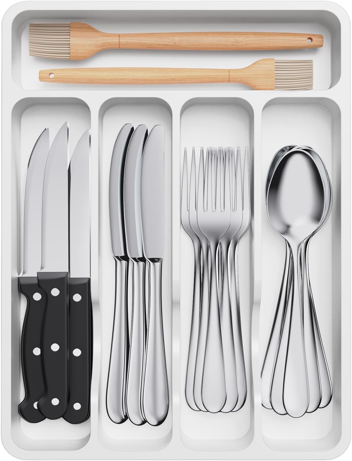 Lifewit Silverware Drawer Organizer Tray, Plastic Cutlery Storage for Kitchen Drawer, Flatware and Utensil Holder Divider for Spoons Forks Knives Tableware, 5 Compartment, White