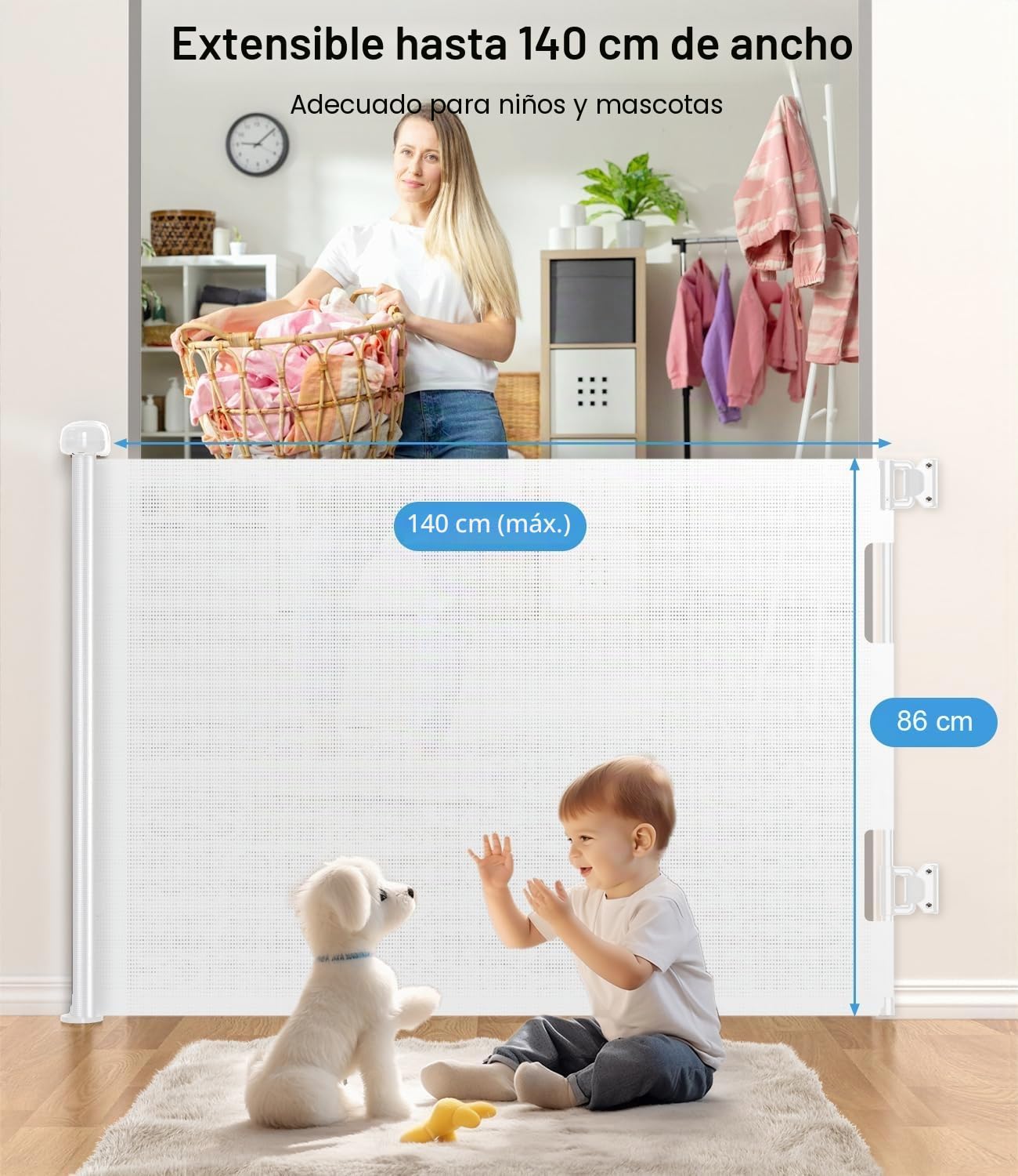 Nalezuns Barrera Seguridad Niños, Barrera Escalera Bebe 0-140cm, Protección Flexible, Puerta Escalera Bebe Seguridad para Escaleras y Pasillos Interiores y Exteriores (Blanco)