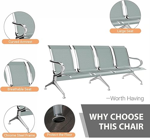 Miniatura 4 de Kinfant Sillas de sala de espera  Sillas de recepción de conexión de 4 asientos, sillas de sala de espera con brazos y marco de acero inoxidable,