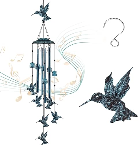 LESES Campanillas de viento de colibrí para exteriores con 4 tubos de aluminio y 6 campanas de viento, campanillas conmemorativas para exteriores