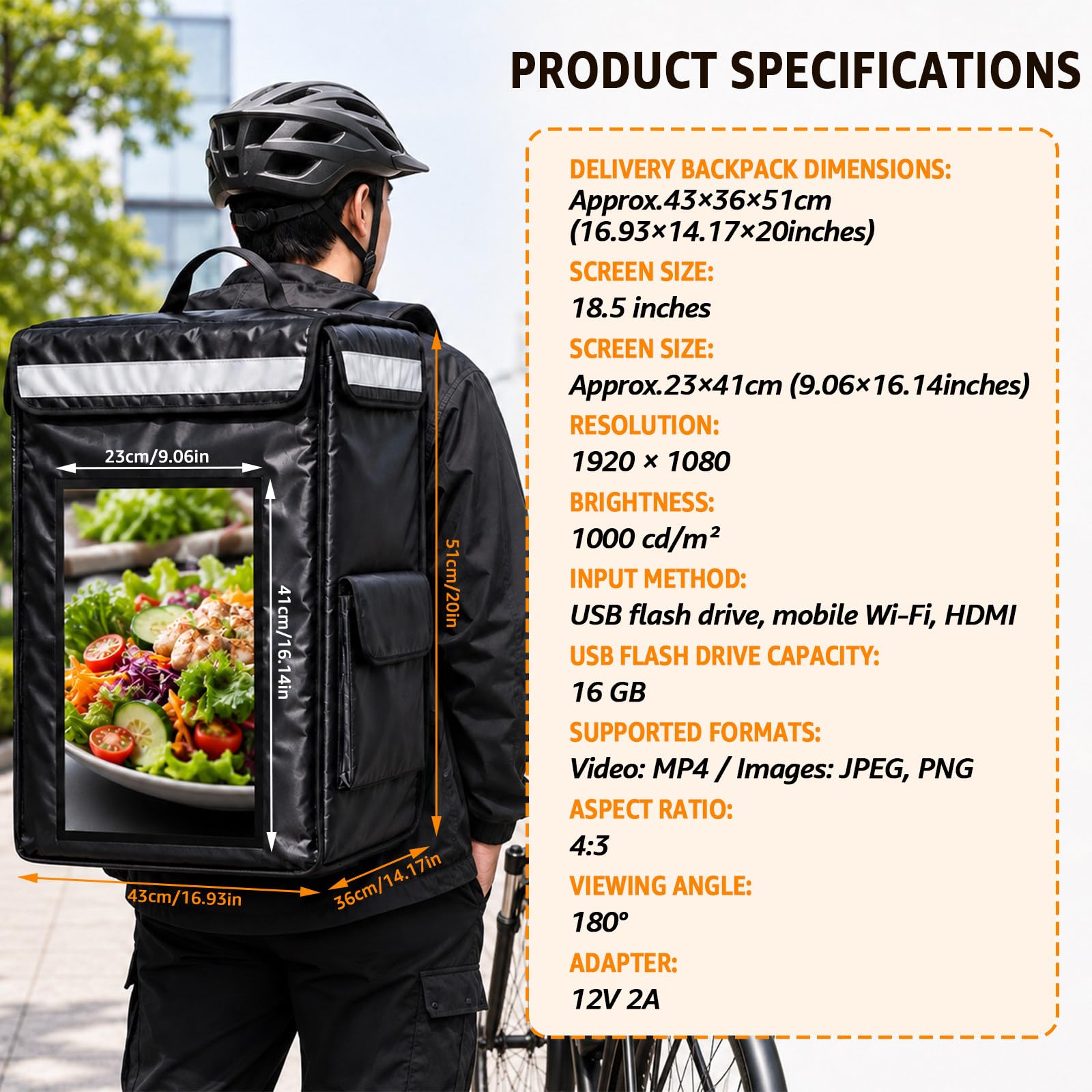 Mochila Térmica de Reparto con Pantalla, Tamaño de 43 × 36 × 51 cm | Resolución 1080P, Visión de 180° y Brillo Automático para Restaurantes, Campus y Zonas Peatonales Concurridas