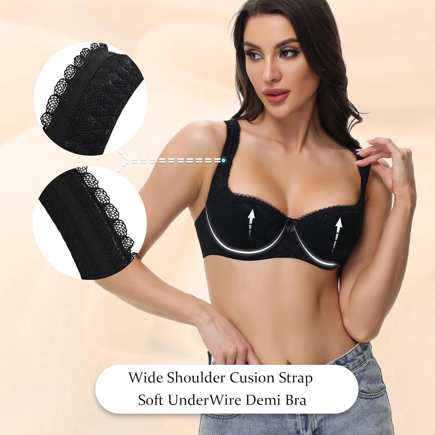 Demi Balconette Bra Underwire Half Push Up Cup Low Cut Balcony Sexy Bras for Women - Image 3