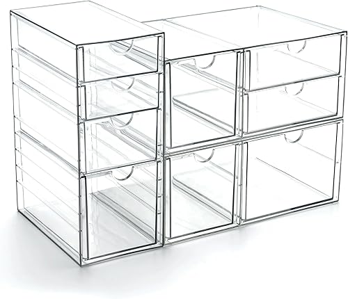 Miniatura 14 de Prsildan Organizador de maquillaje acrílico con 6 cajones, juego de 2 organizadores de escritorio de oficina, cajones de almacenamiento apilables