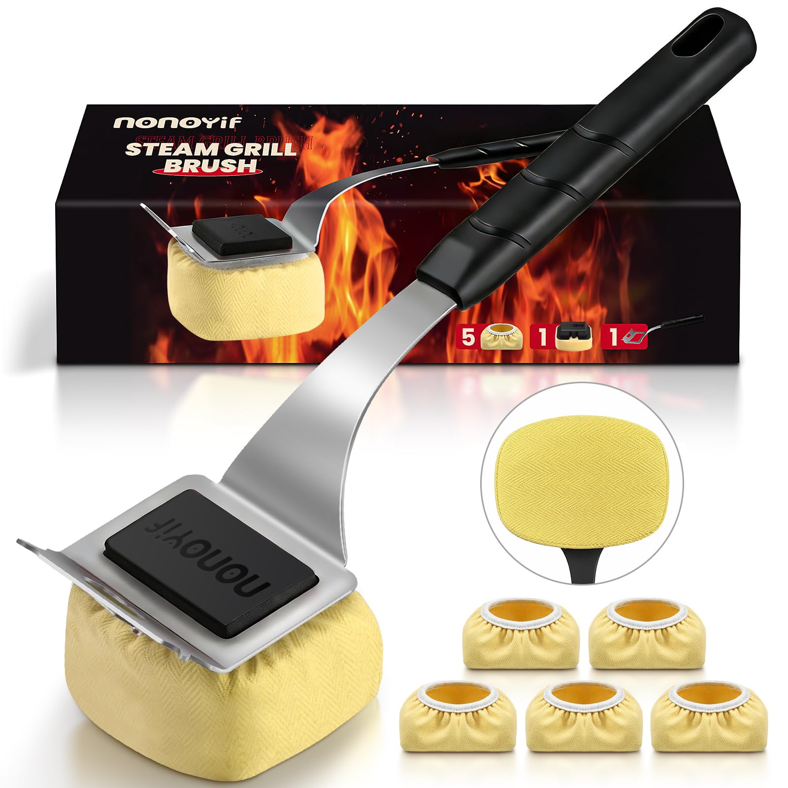 Spazzola per griglia senza setole con 5 cuscinetti sostituibili | Spazzola per barbecue sostituibile, spazzola per la pulizia della griglia, per griglie in ghisa/acciaio inossidabile