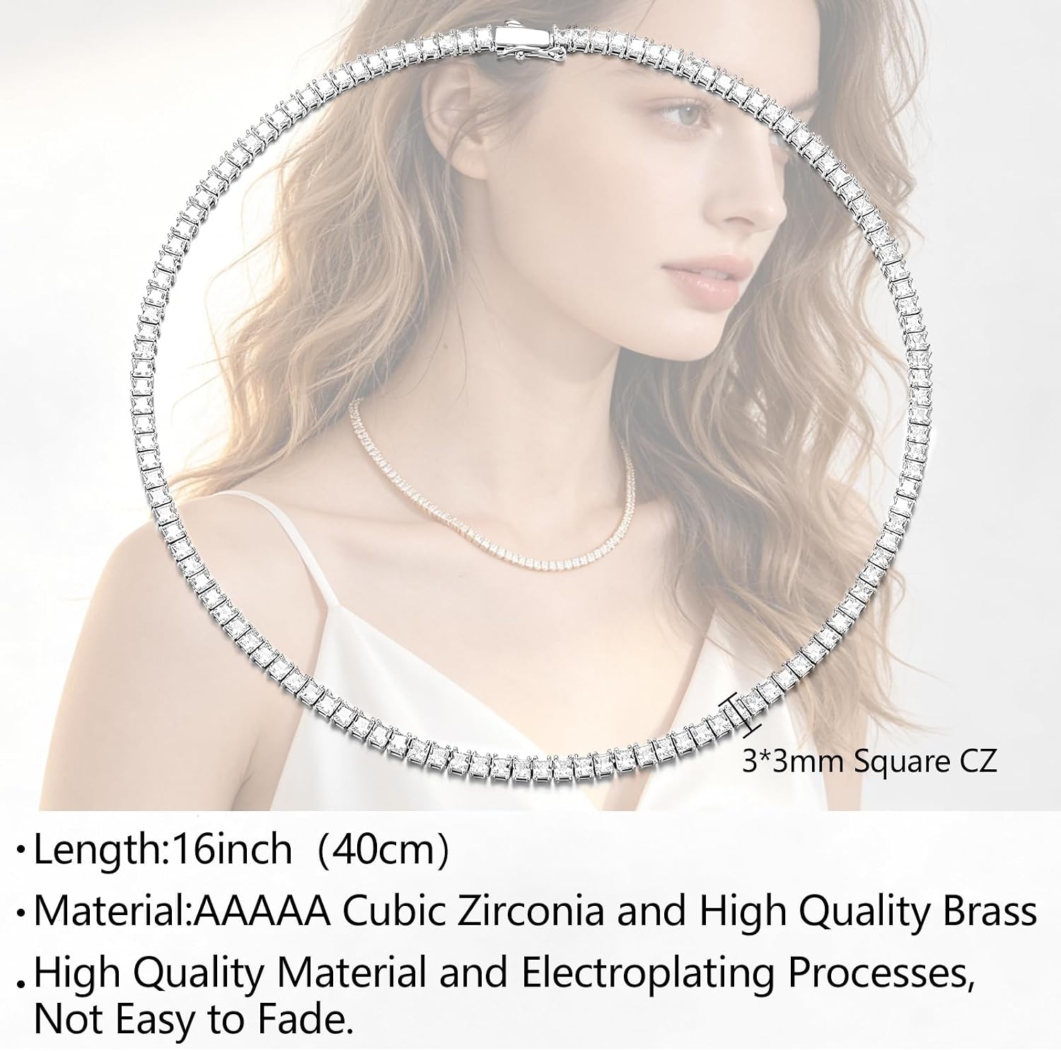 BREN 3mm Square Tennis Necklaces for Women - 18K Yellow/White Gold Plated Faux Diamond Tennis Chain - AAAAA Square Cubic Zirconia Iced out Tennis Necklace Jewelry image 2