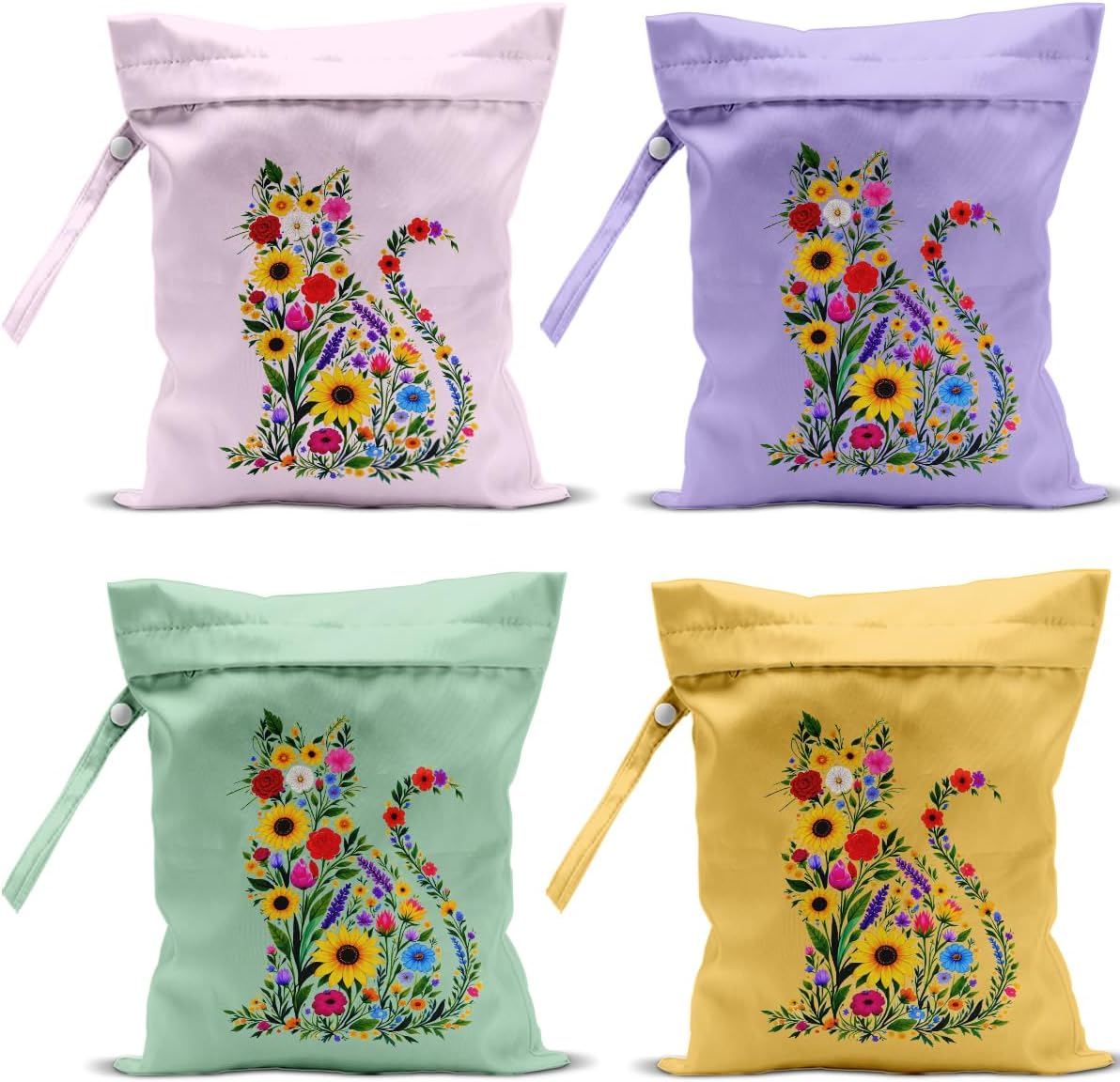 4 Pack Cute Wet Bag Waterproof Washable Reusable Wet Dry Bag for Swimsuit Clothes Cloth Diaper Travel Beach Pool Yoga Gym Party Camping Toiletries Travel Beach Essentials, Colorful Wildflowers
