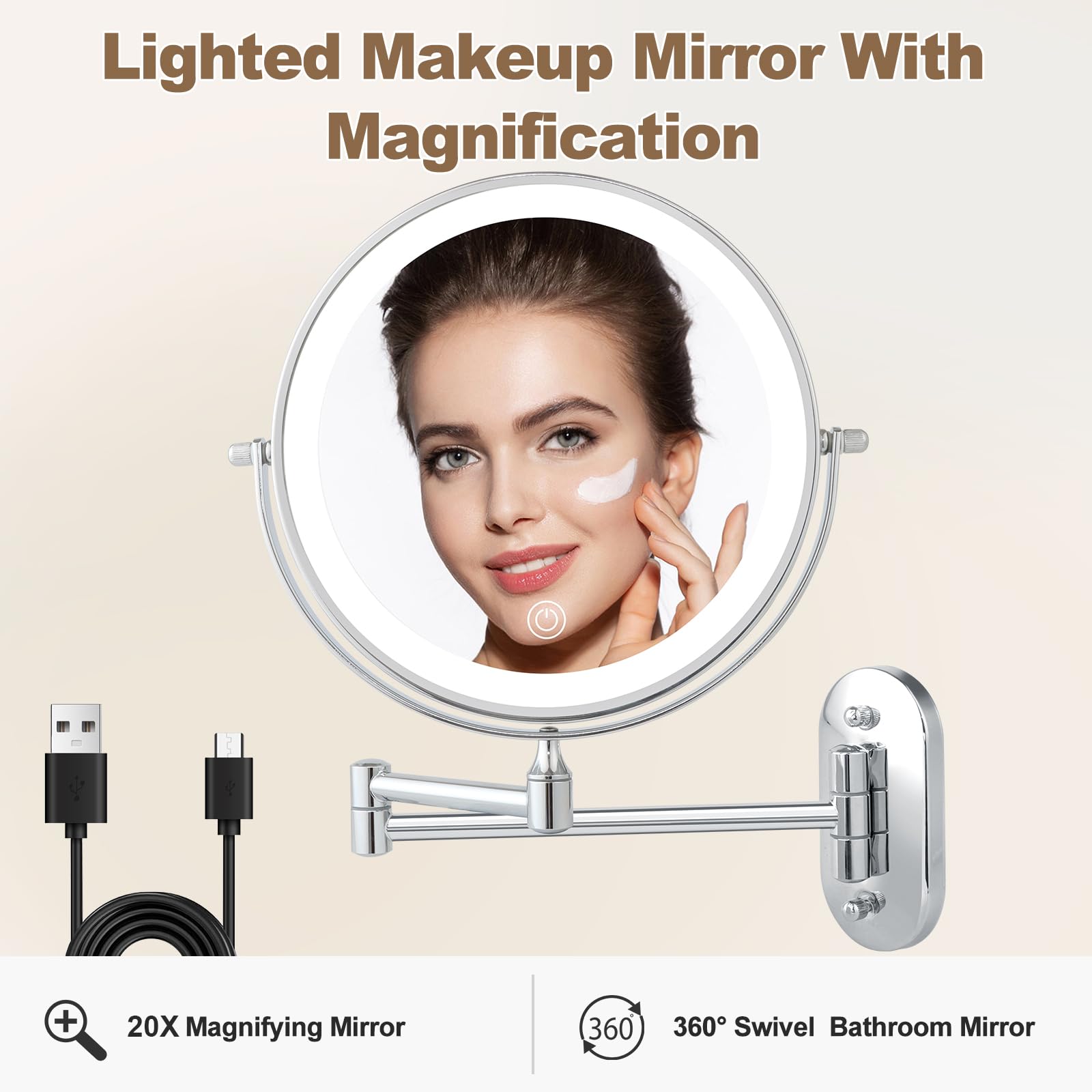 BTremary Miroir cosmétique mural 3000 mAh avec éclairage - Miroir grossissant de 20,3 cm avec mur lumineux - Miroir de maquillage à intensité variable - Écran tactile rotatif à 360° - Pour salle de