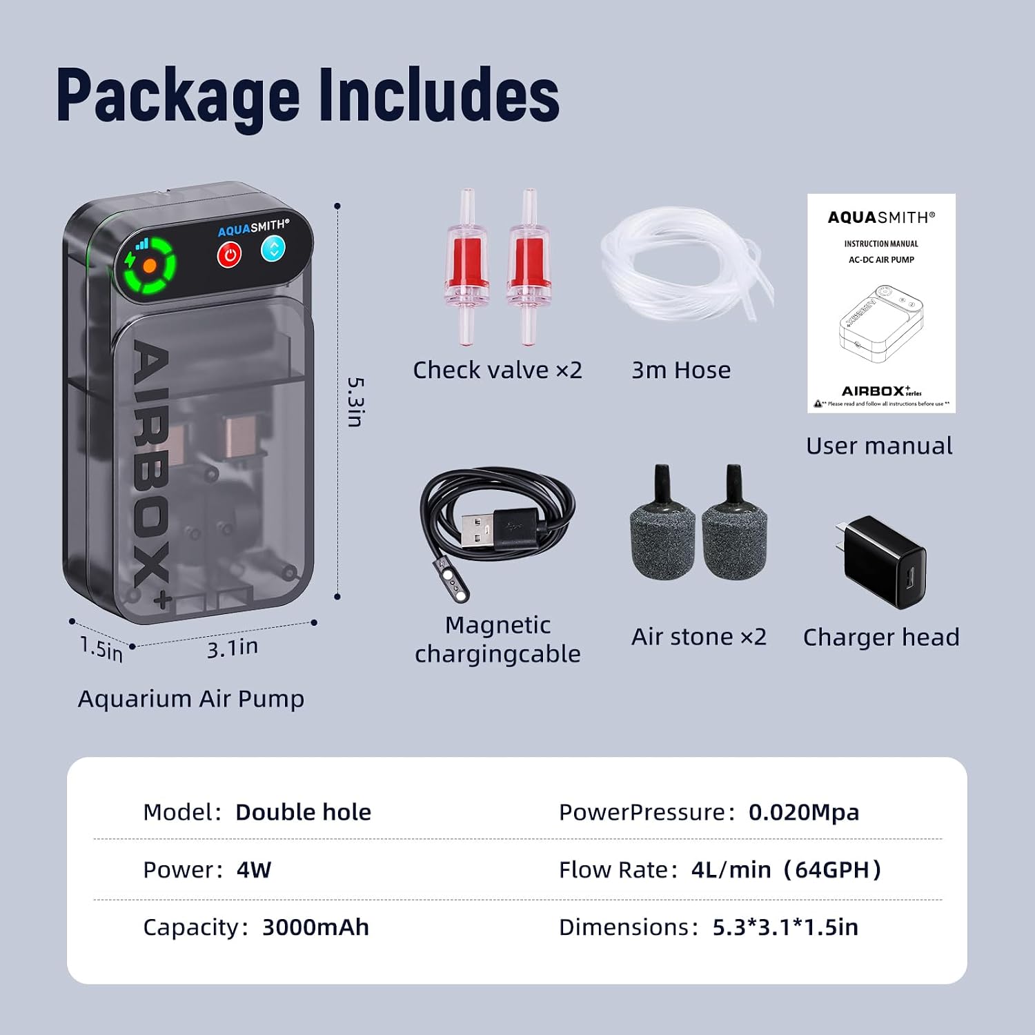 AQUASMITH Live Bait Aerator,Ultra-Long Battery Life,Rechargeable Aquarium Air Pump 4w/64GPH(3000mAh Dual Hole) IPX4 Magnetic Charging Design,Suitable for Fishing Enthusiasts,with Hose and Stone