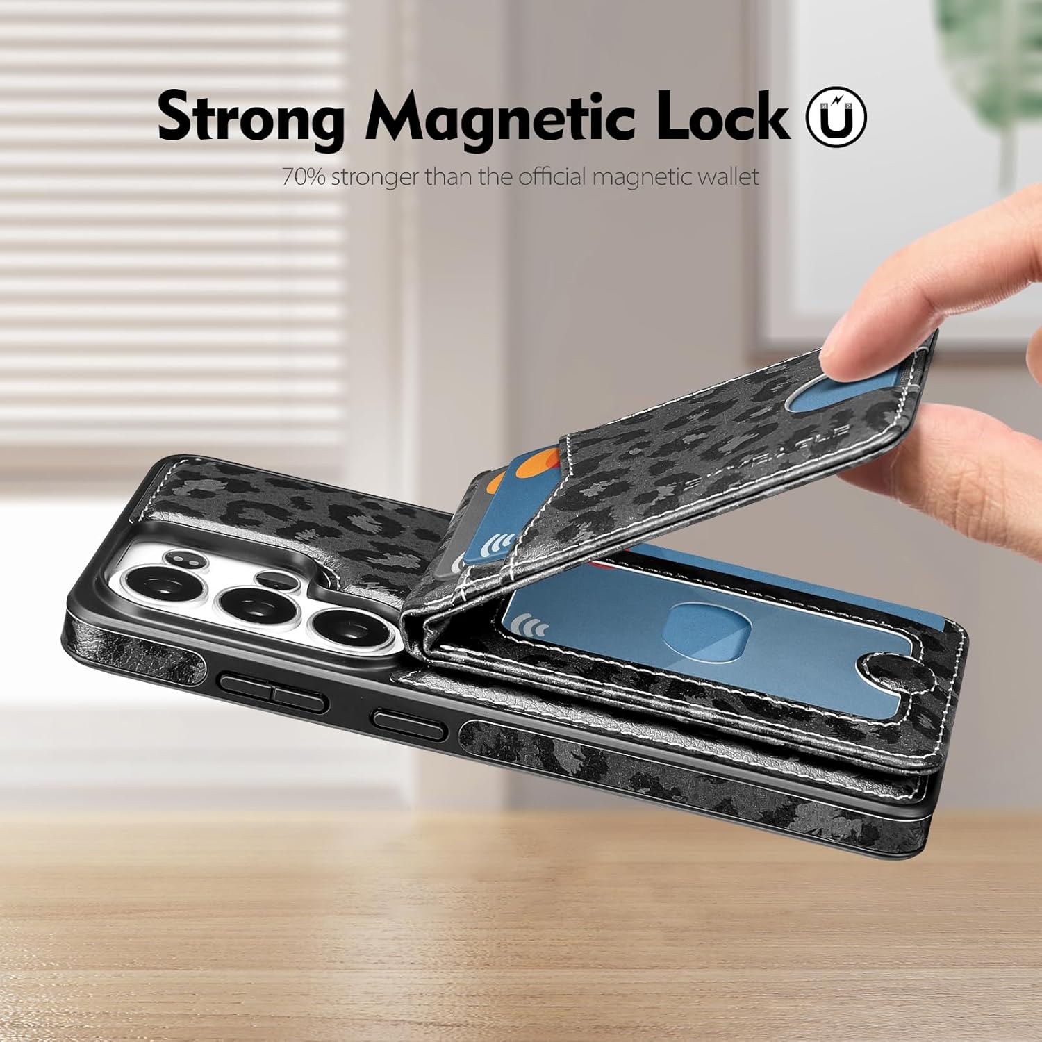 SkyEagle Compatible Magsafe 2 in 1 Detachable Samsung Galaxy S26 Ultra Wallet Case Card Holder Women Men,Magnetic PU Leather Phone Case RFID Blocking Flip Kickstand Credit Slots,Leopard-Black