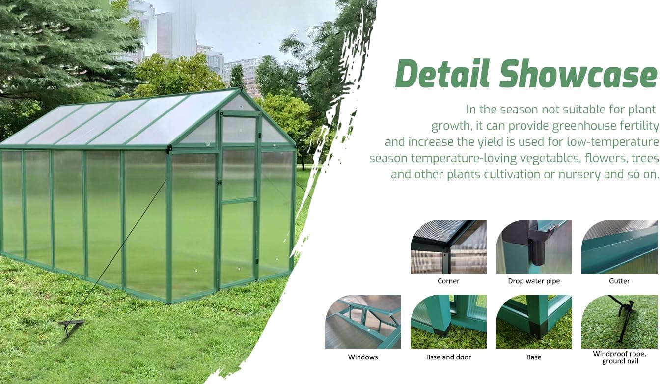6x8 FT Polycarbonate Greenhouse Heavy Duty Walk-in Greenhouses for Outdoor Backyard in All Season with Windproof,Aluminum (Green, 6x8 FT)