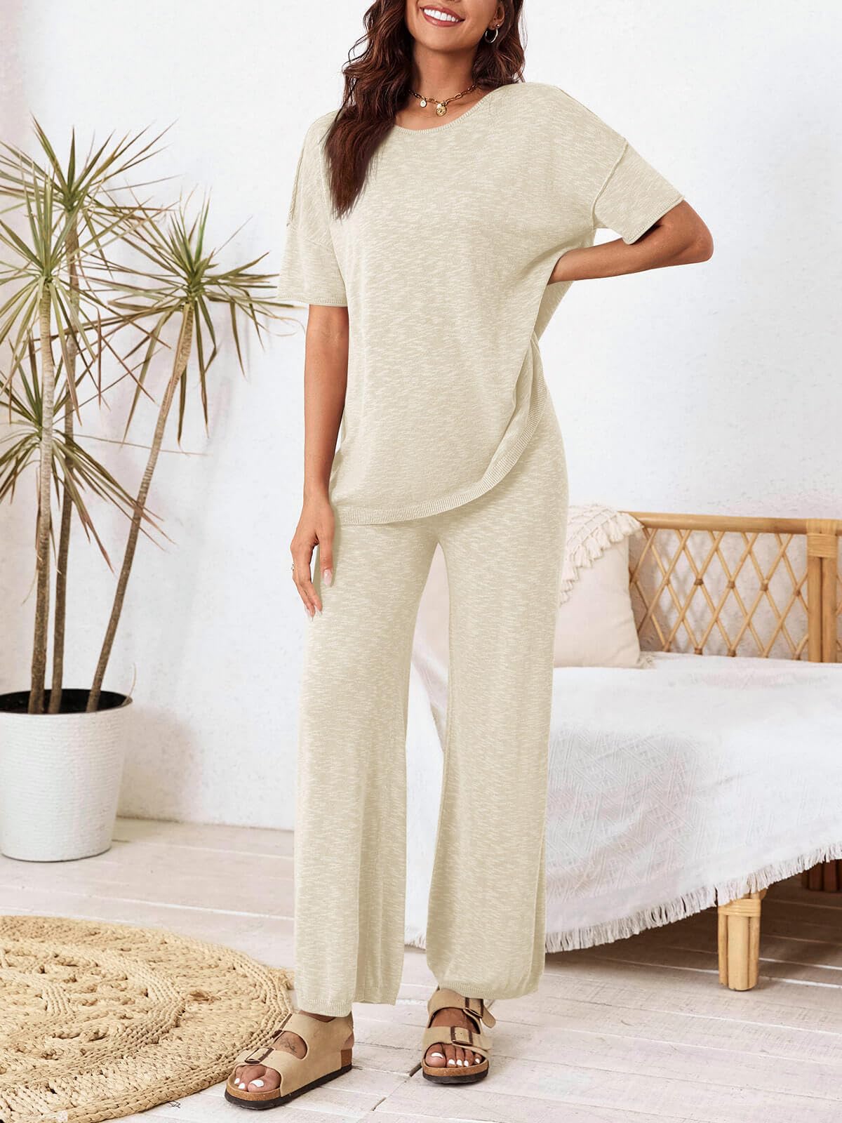 Tankaneo Conjunto de 2 piezas de suéter de punto de manga corta para mujer, conjunto de pantalones de pierna ancha, conjunto de chándal
