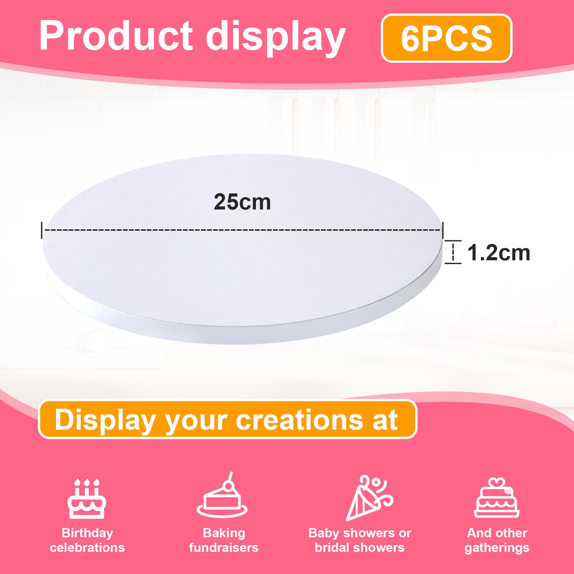6 Pcs Sottotorta Tondo 25 cm, Vassoio Torta Rotondo Riutilizzabile in Cartone da 12 mm di Spessore, Bianco Sottotorta, Sottotorta per Torte da 6-10 Pollici e Dolci, per Feste, Compleanni e Matrimoni