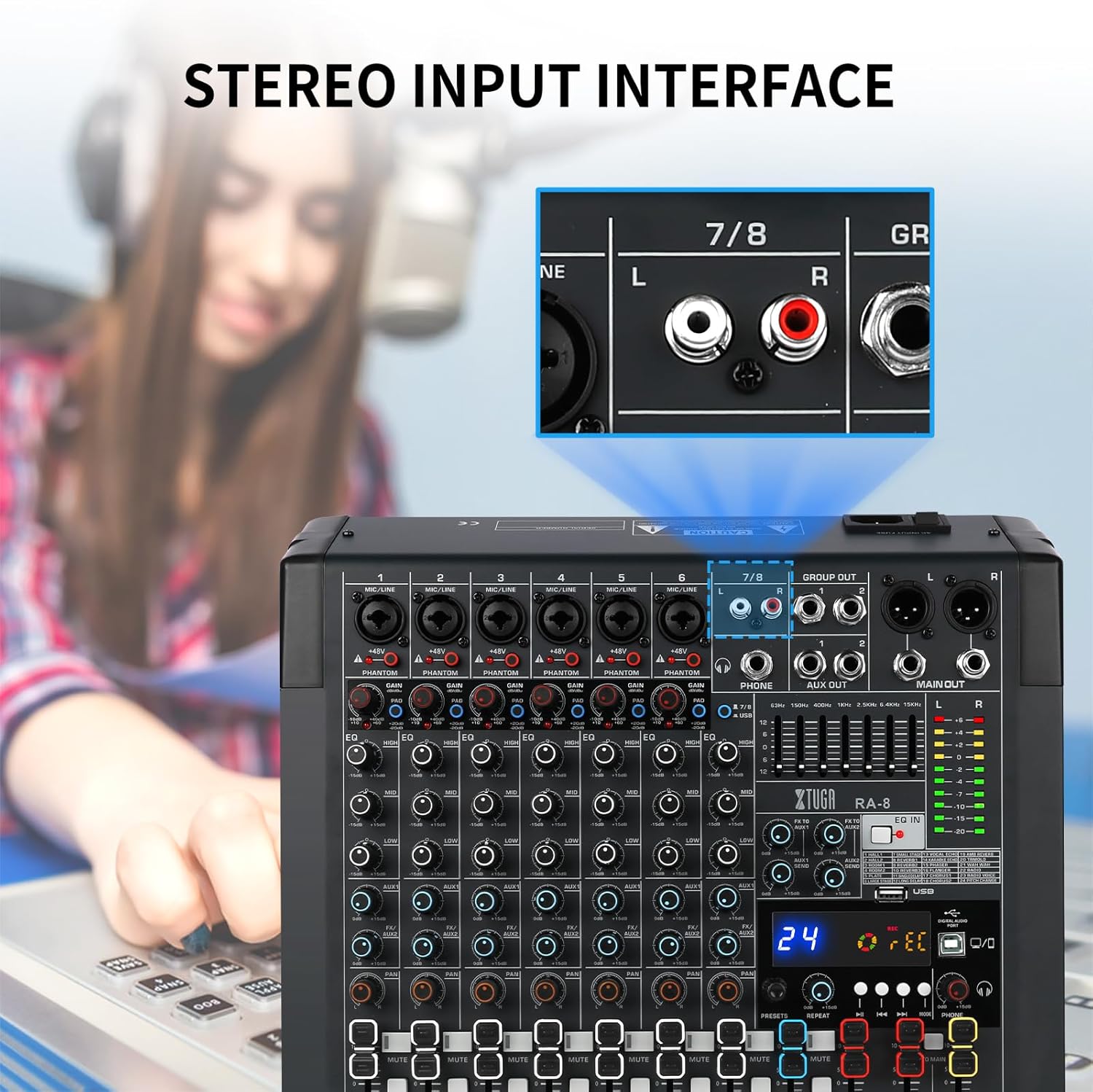 XTUGA RA8 8 Channel DJ Mixer with 24 DSP Effects – Professional Bluetooth Audio Mixer Interface for Live Performances, Mobile DJs & Studio Recording