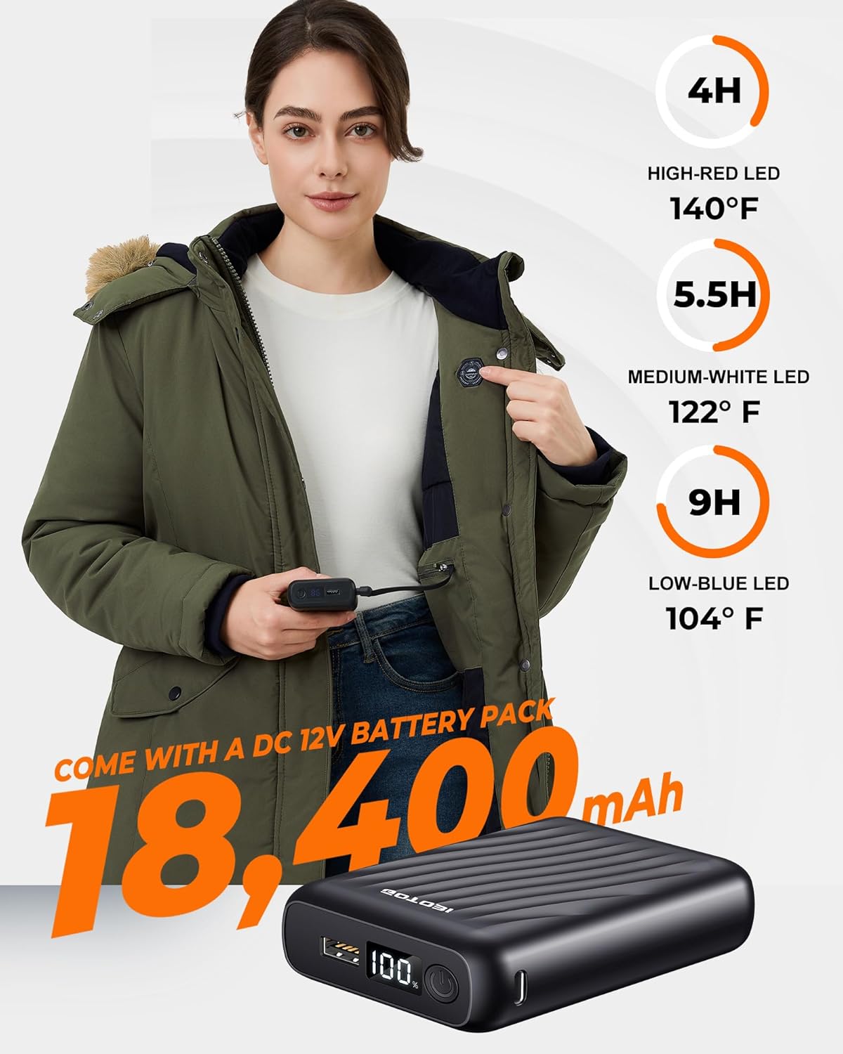 Graphene Long Heated Jacket for Women with 18400mAh 12V Battery Pack, Womens Parka Coat with Faux Fur Detachable Hood - Image 4