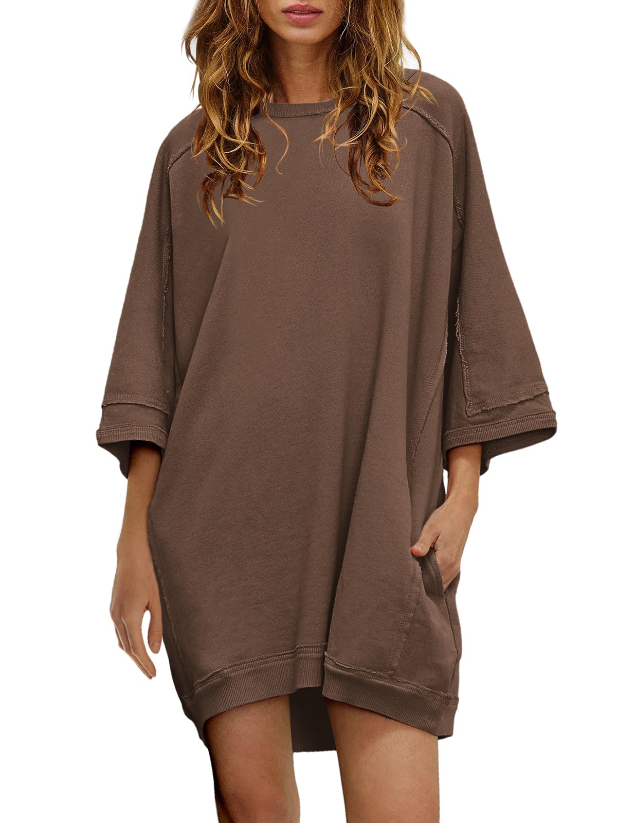 Nirovien Women's Oversized Sweatshirt Dress 3/4 Sleeve Crewneck Tunic Sweatshirts Casual Long Pullover with Pockets
