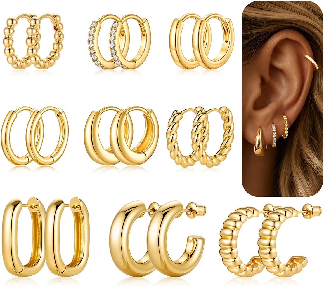 Turandoss 9 Pairs 14K Gold Plated Hypoallergenic Hoop Earrings for Women