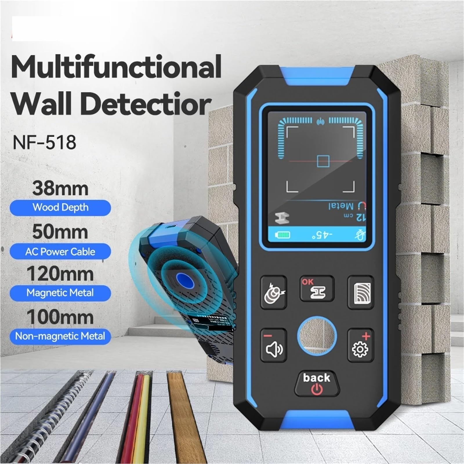 Leitungssuchgerät, Wandscanner LCD-Display Metalldetektor Erkennen von Metall Holz AC Live Wire Kupfer Multifunktions-Bolzensucher