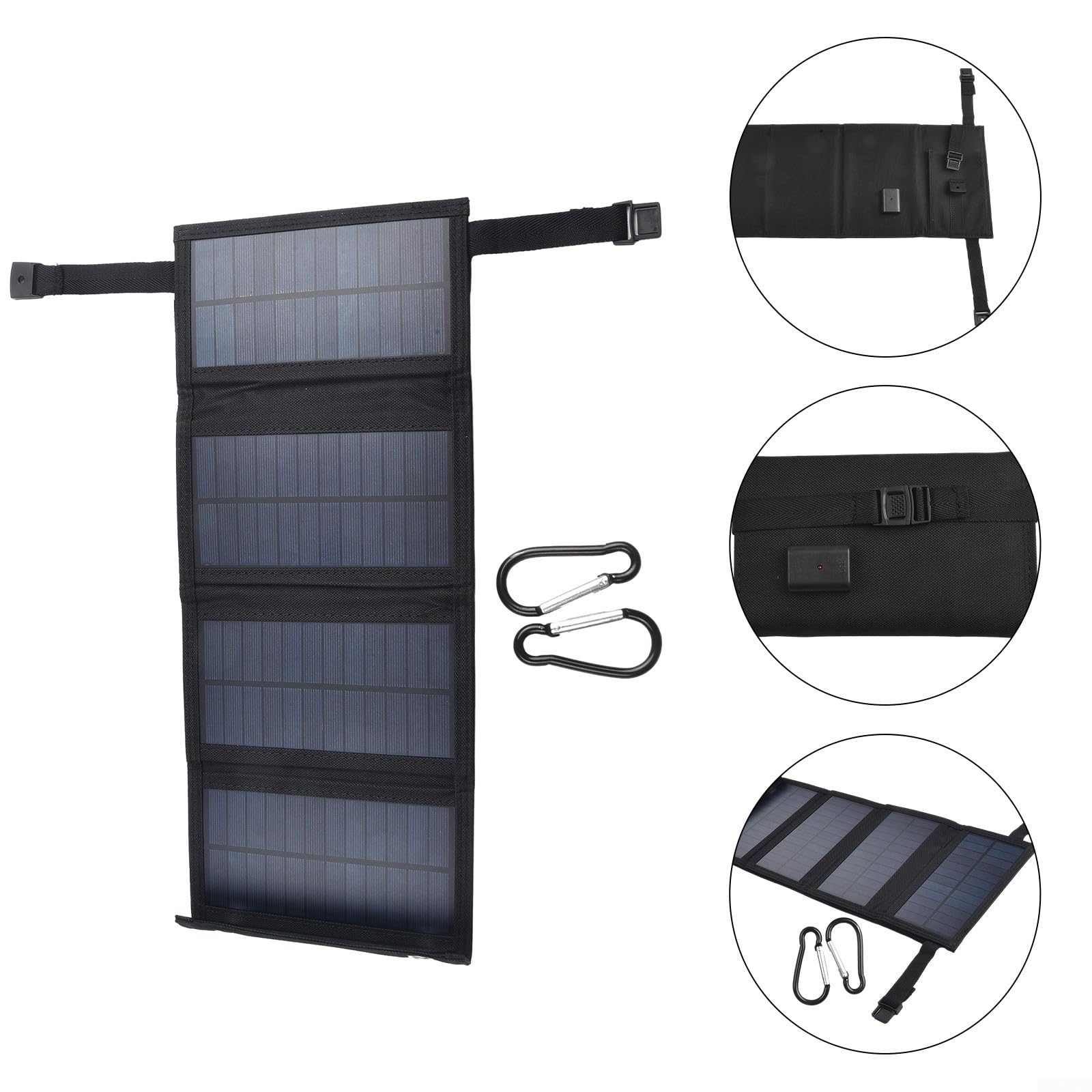 Panel solar, 20W 5V Plegable USB Cargador solar portátil con mosquetón, Energía móvil al aire libre Carga de batería para Camping Senderismo (negro)