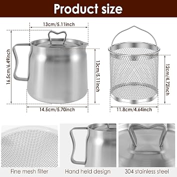 Oil Filter Pot with Basket, 2L Stainless Steel Oil Strainer Pot with Lid and Fine Mesh Strainer Oil Storage Can,Multi-Functional Oil Filter Tank for Kitchen Cooking (1.5l.)