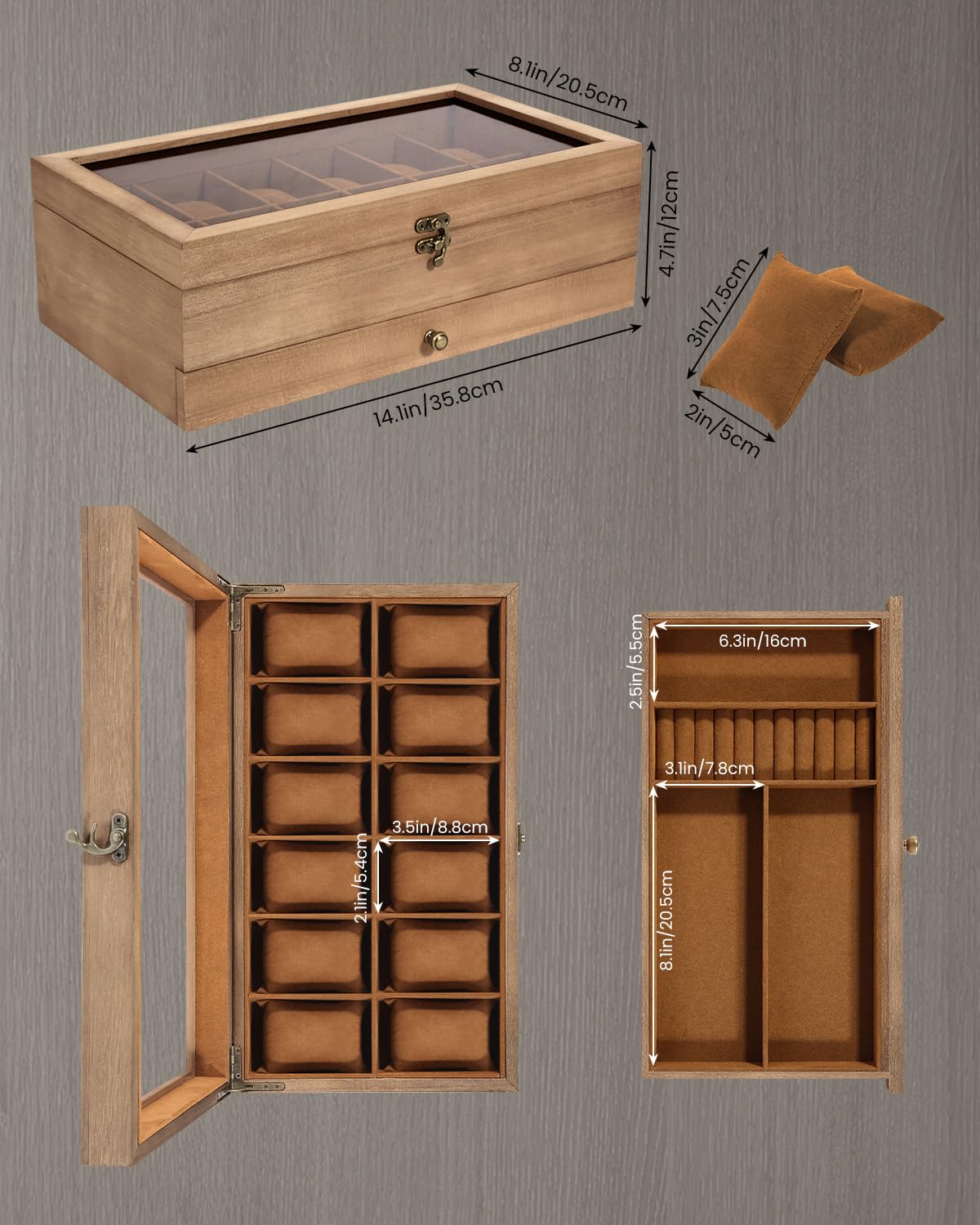 Uten Uhrenbox mit 12 Fächern, 2 Ebenen Uhrenkasten aus Massivholz mit Glasdeckel, Uhrenkissen Seidenbaumwolle, Schmuckaufbewahrung, Geschenkidee，Braunes Futter