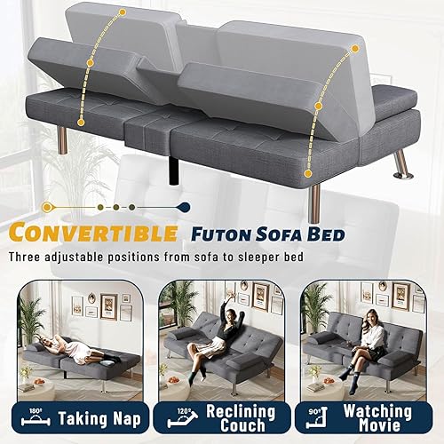 Miniatura 47 de Furmax Sofá cama futón ajustable, sofá cama para sala de estar, oficina de negocios, sofás reclinables con portavasos (piel sintética, negro) Negro