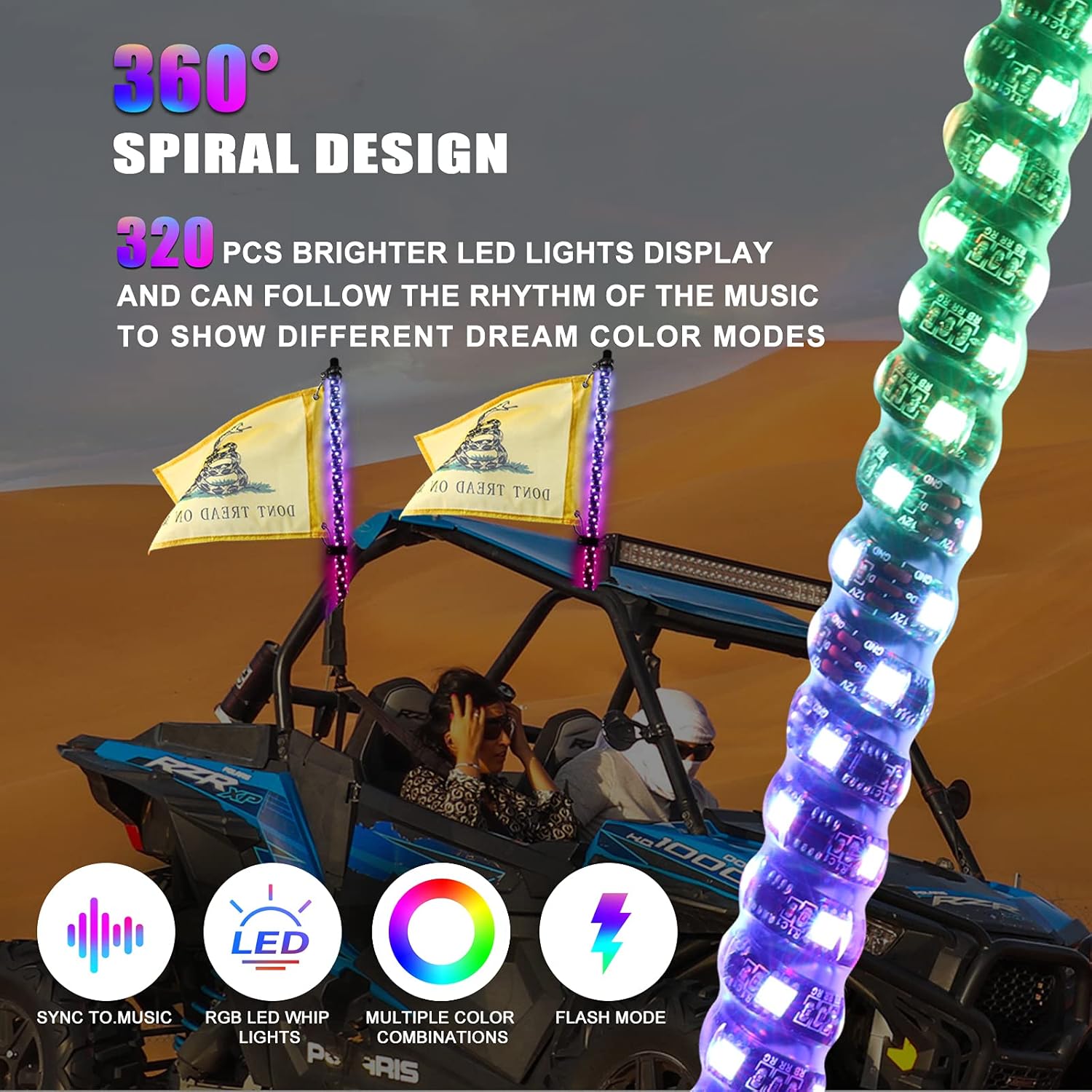 Whip Lights - AUTOOMMO 2Pcs 3FT Spiral RGB LED Chasing Whip Light with Gadsden/American/Skull Flags Remote and APP Control 300 Flash Patterns for UTV ATV Off-Road Truck Sand Buggy Dune RZR Can-Am : Automotive