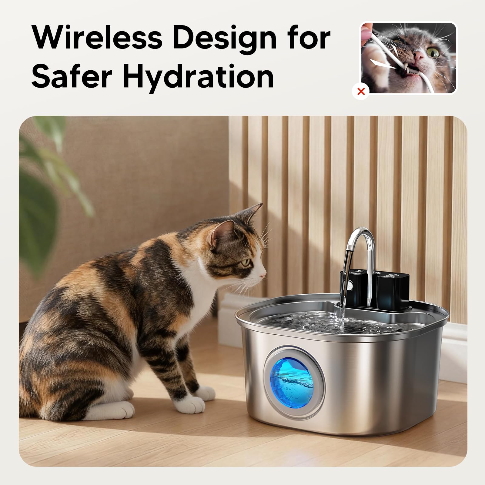Voluas Stainless Steel Cat Water Fountain: 108oz/3.2L Wireless Cat Fountain Battery Operated for Drinking Indoor, Automatic Pet Water Dispenser Bowl with Ultra Quiet Pump, Easy Clean BPA-Free, 4Filter - image 4