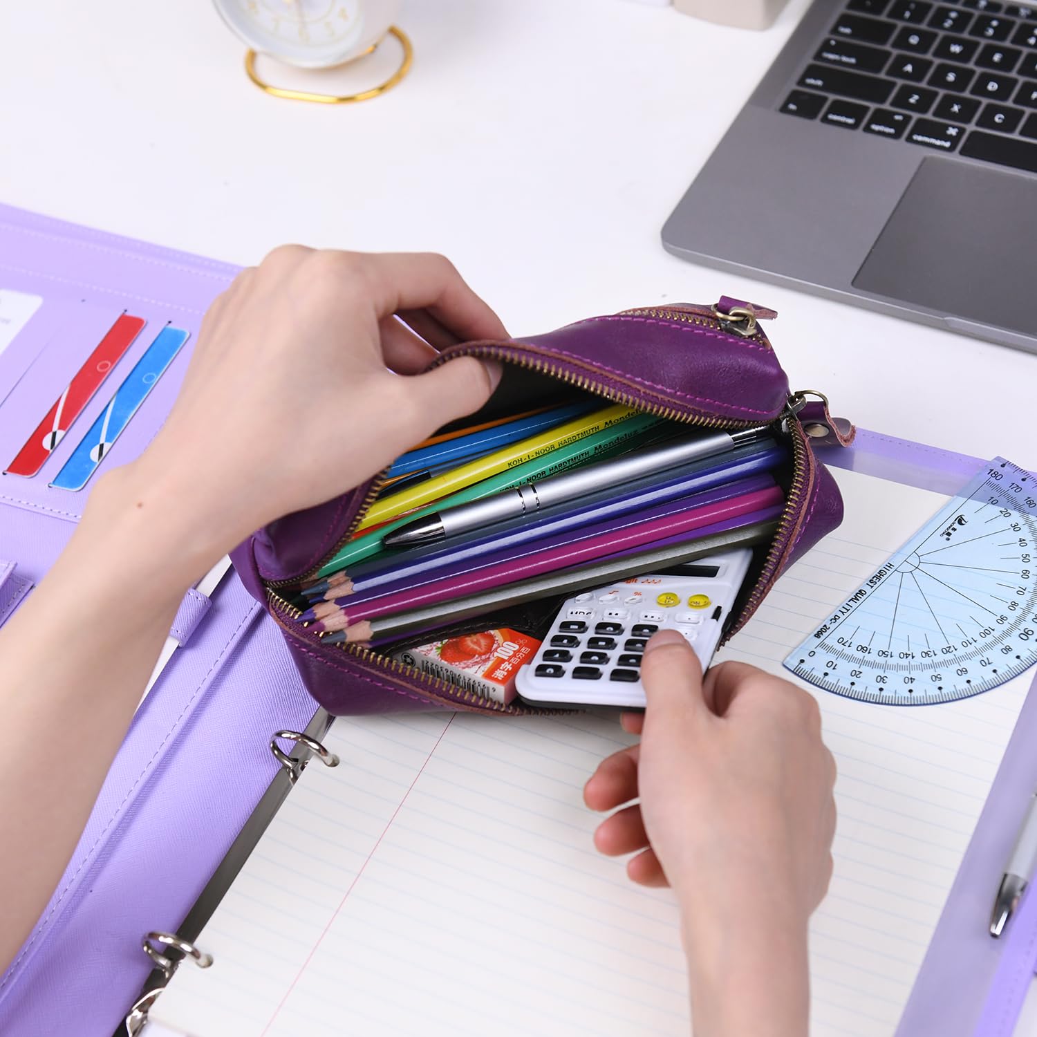 WONDERPOOL Pen Case Real Leather Pencil Pouch Markers Holder Big Capacity Bag with Side Zippered Pocket Sleeve for Stationery Makeup Utensils Organizer (Purple) - Image 2