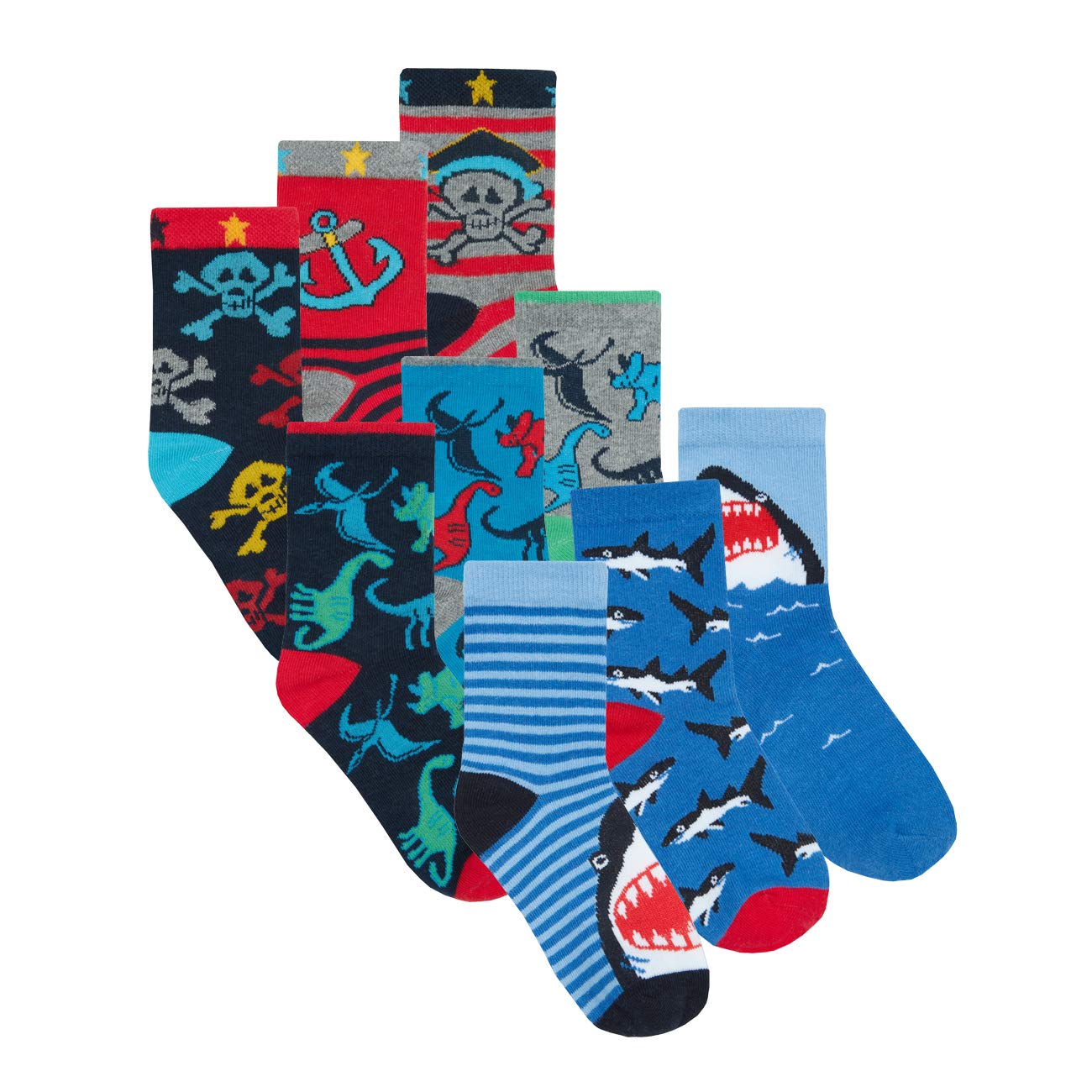 Metzuyan Boys 9 Pairs Pirate & Polka & Shark Novelty Cotton Socks Dinosaurs Skulls Sharks 12.5-3.5