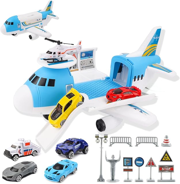 deAO Transport Cargo Plane Car Toy Play Set with Ramp and 6 Mini Car, 1 Helicopter Included Fun Educational Kids Aeroplane Toy for 3, 4, 5 ,6 Year Olds Toy For Boys Girls