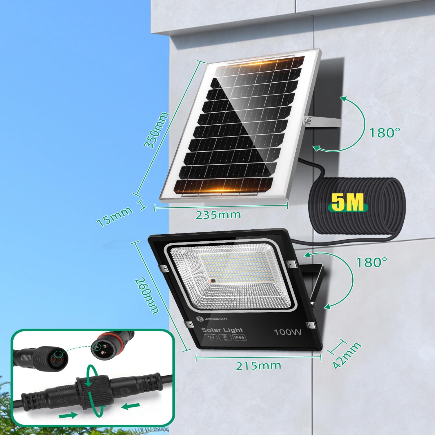 Aigostar - Foco solar exterior con mando a distancia,Cable de 5m.8000mAH,Batería de gran capacidad y gran panel solar.regulable 3000/4000/6500K. Uso interior/exterior IP66:jardín,patio,2 Piezas