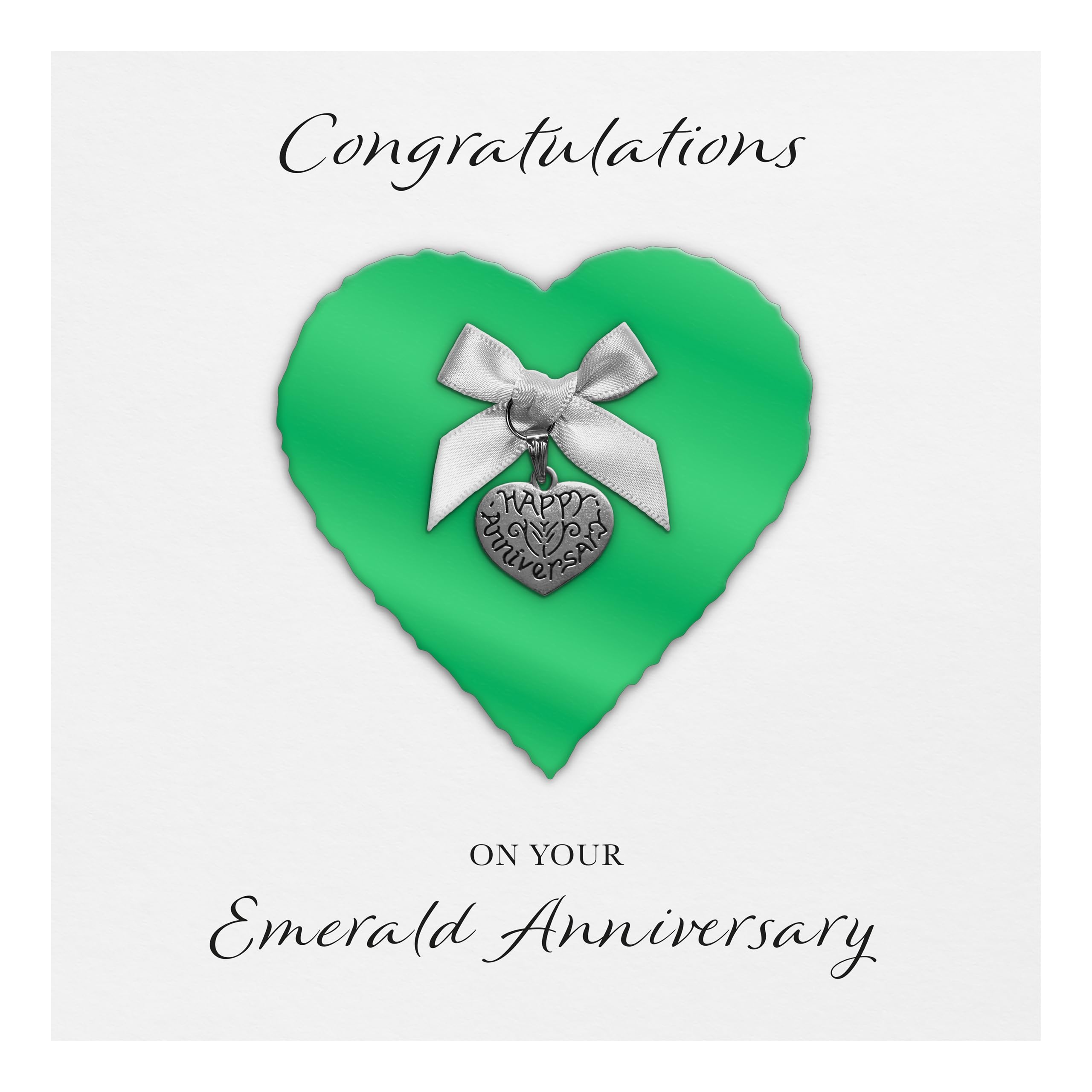 Emerald 55th Anniversary Card "Heart Charm & Bow" - Handmade UK (Emerald Heart/White Bow, White Cardstock)
