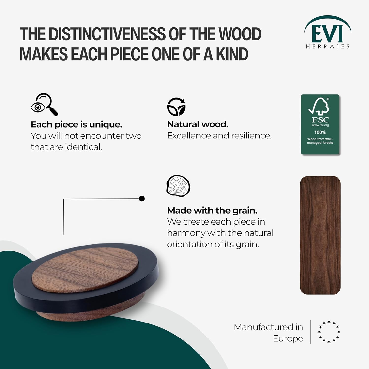 EVI Herrajes | Wooden Door Stop | Walnut Wood with Black Rubber | 1.85" x 0.63" | Adhesive Installation | for Smooth Floors | Mod.30245X12
