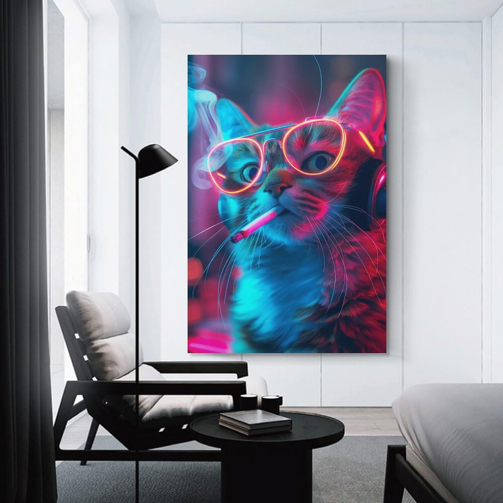 Junmoney Cool Cat in Neon Lights Room Decor Wall Art 24x36inch(60x90cm), for Art Walls, Layered Displays Or Homes, Wall Decor Suited to Curated Displays