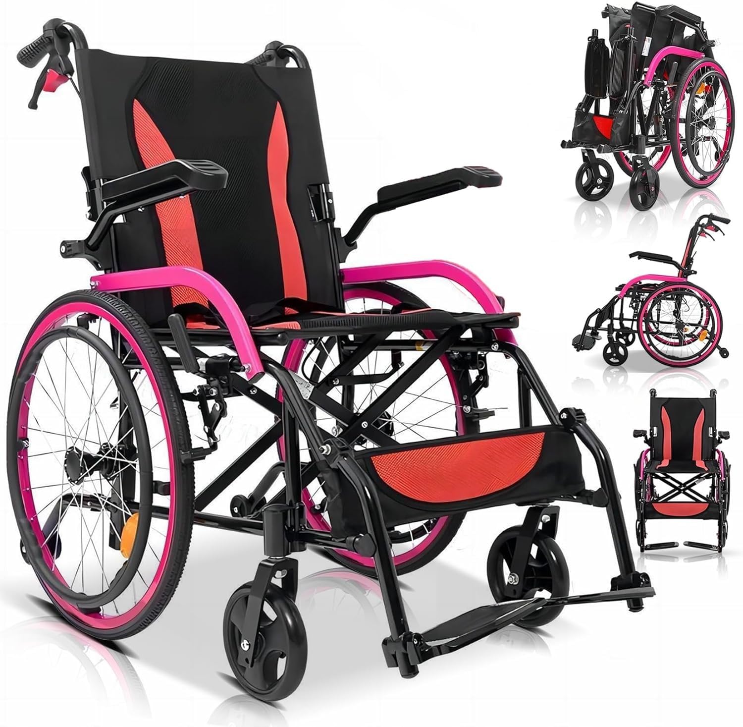 Silla De Ruedas De Viaje Ultraligera,Silla Ruedas Plegable Liviana para El Hogar Y La Carretera,Silla Ruedas Activa Aluminio,Sillas Ruedas Autopropulsadas,Reposabrazos Giratorios