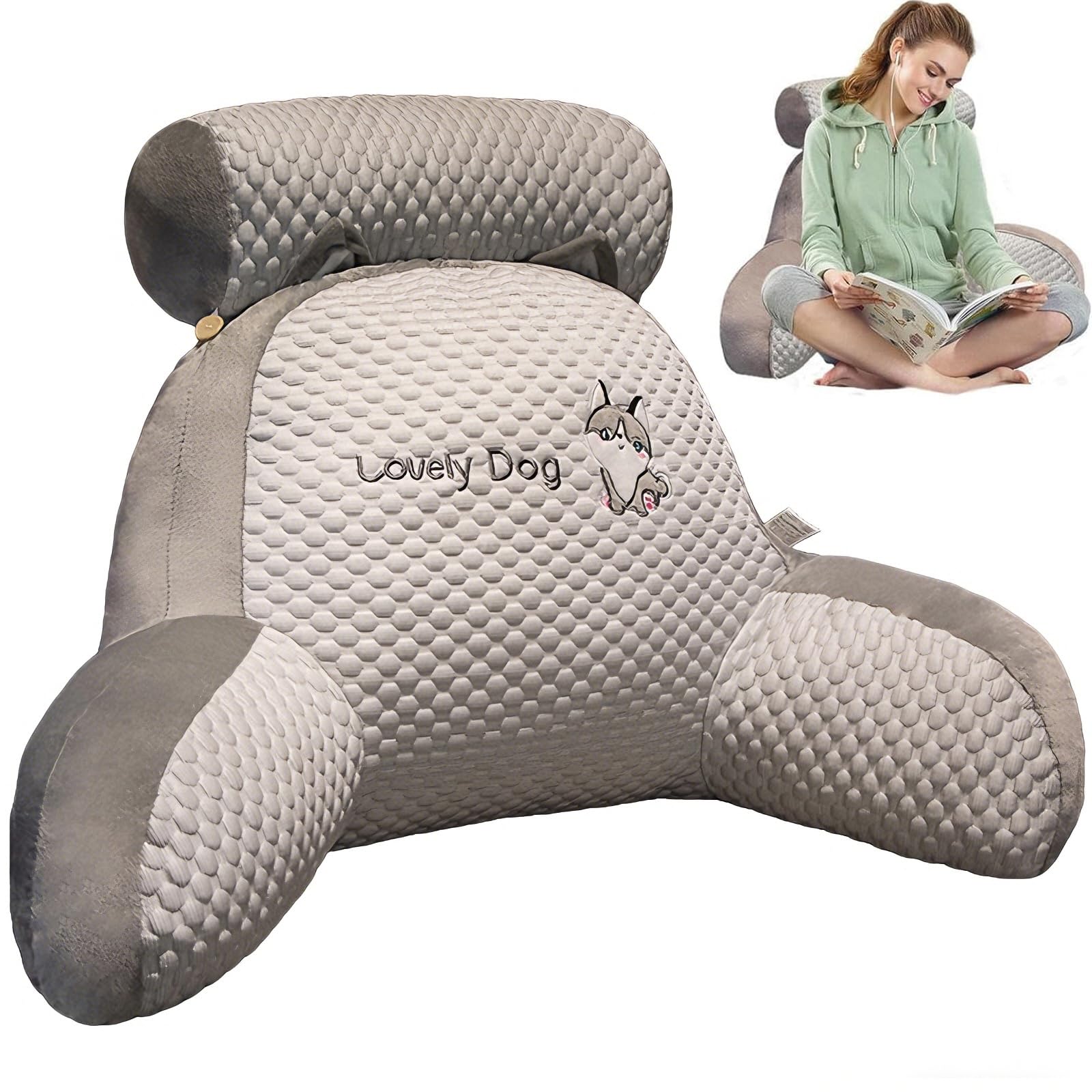 Coussin Lecture Accoudoirs Bohnen Grau 70x50cm, Lit Canapé Bureau | appui-tête amovible housse lavable respirant ergonomique soutien dos soutien nuque pour adultes Lit supportant moelleux ferme