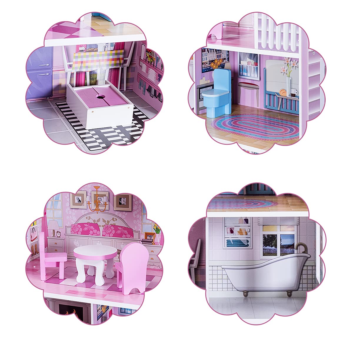 GIANTEX Casa delle Bambole in Legno, Set Giocattoli per Bambole, Casetta a 3 Piani con Mobili per Bambini, Giocattoli per Camera dei Bambini, Rosa 62x27x70cm