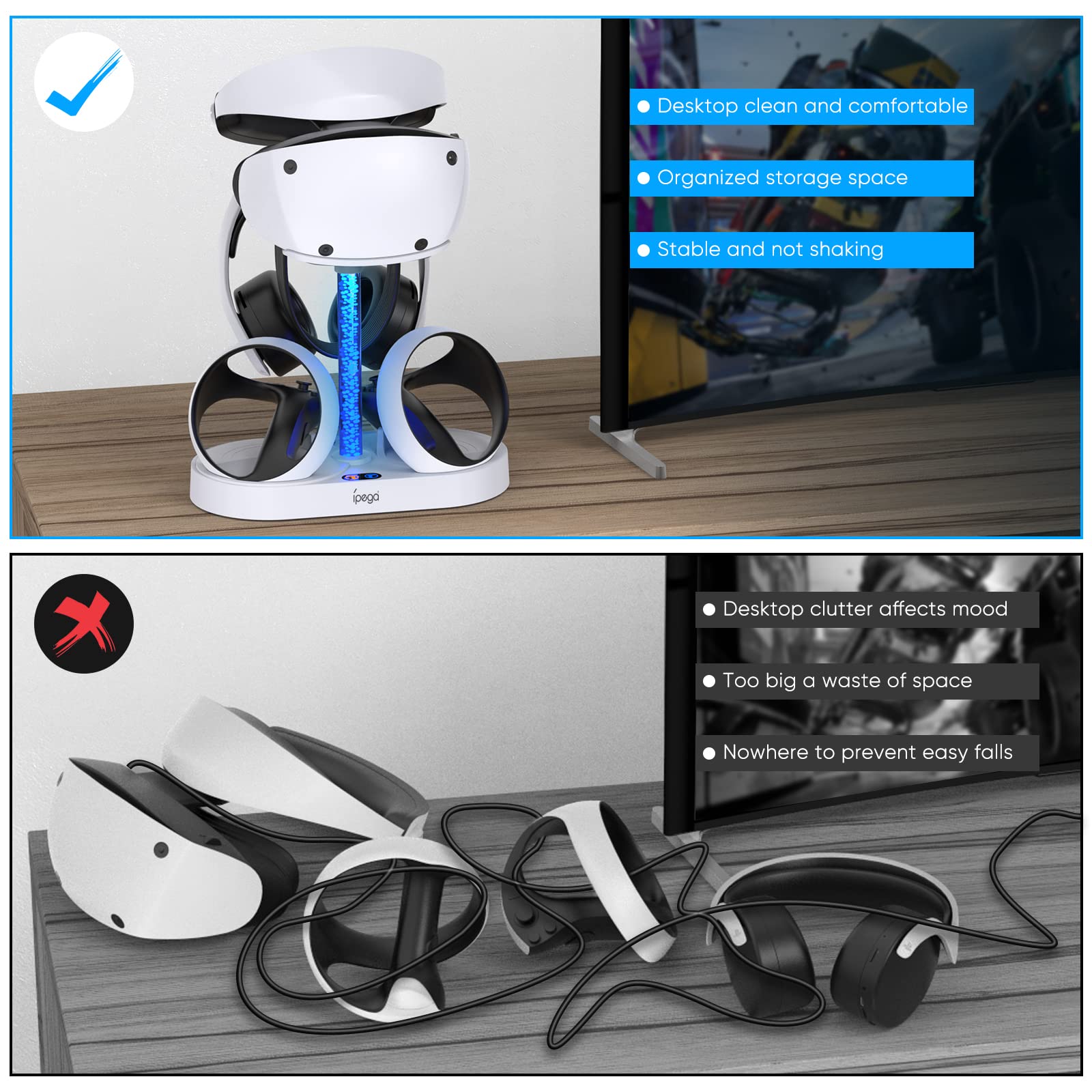 Ladestation für PS VR2 mit RGB-Licht, vertikale Ladeständer Dock Unterstützung für PSVR2 Headset Display, PSVR2 Zubehör für PlayStation VR2 mit 4 Typ-C magnetische Adapter für Sense Controlle