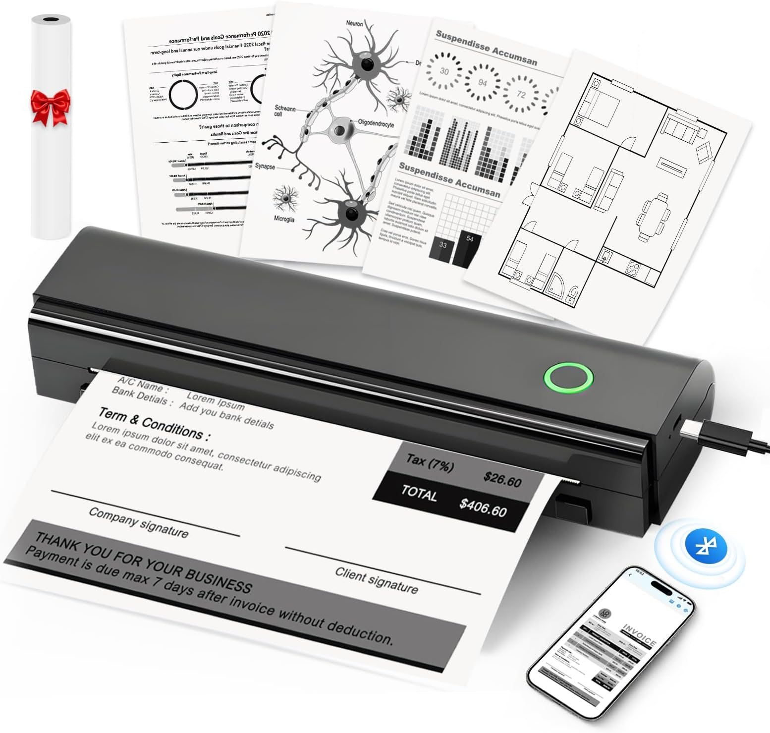 Portable Printer Wireless for Travel, Inkless Printers Mobile Thermal Printer for 8.5" X 11" & A4 Thermal Paper, Bluetooth Compact Impresora Portátil for Phone, Laptop, Office Home use