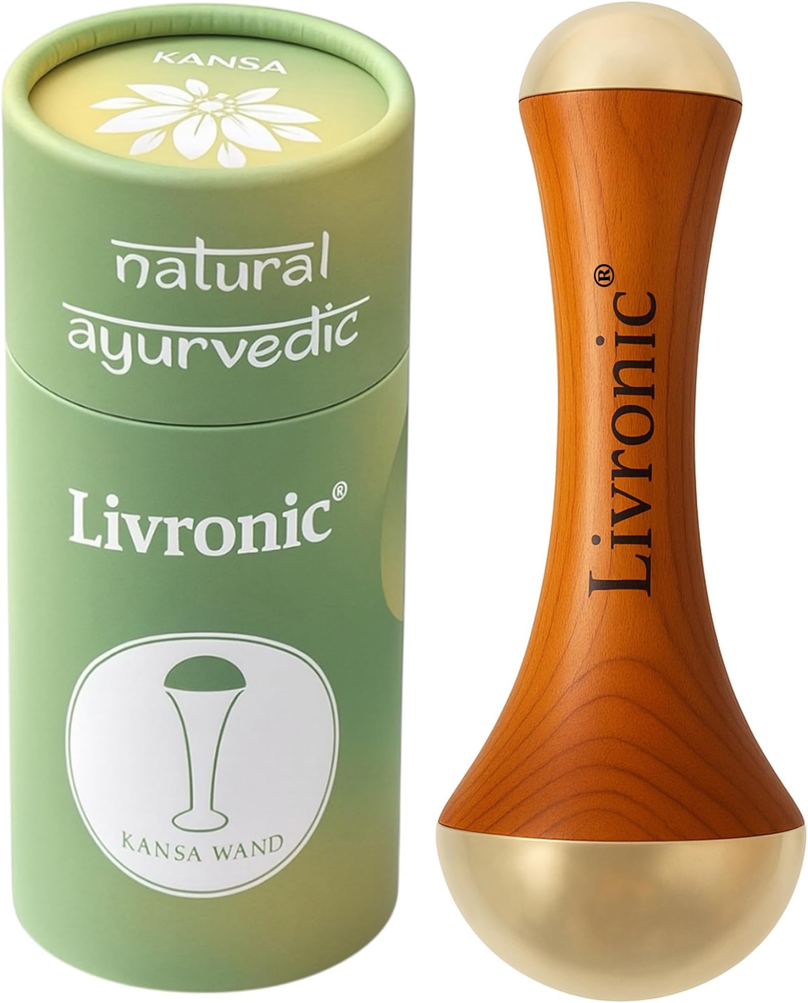 Livronic® Face Acupoint Kansa Wand 2-in-1 Natural | Bronze Face, Body & Foot Massager | Teak Wood Handle | Detoxification, De-Puffing & Deep Relaxation (Both Side Kansa Vatki)