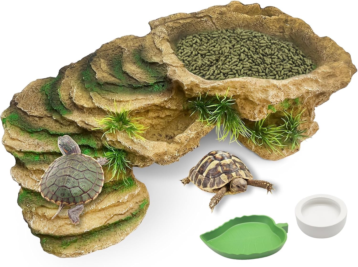 Photo 1 of Hamiledyi Large Turtles Basking Platform 3Pcs Resin Bearded Dragons Climbing Step Ramp Tortoise Resting Dock Rock Hideout with Feeder Bowls for Reptile Lizards Chameleons Geckos Frogs Newts Snakes