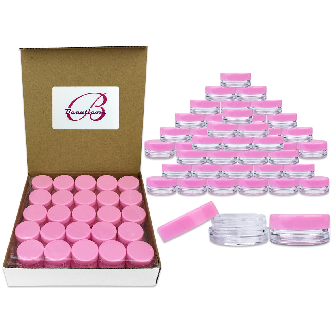 (150 Pieces Jars + Lid) Beauticom 3G/3ML (1 oz) Round Clear Jars with PINK Screw Cap Lids for Scrubs, Oils, Toner, Salves, Creams, Lotions, Makeup Samples, Lip Balms - BPA Free
