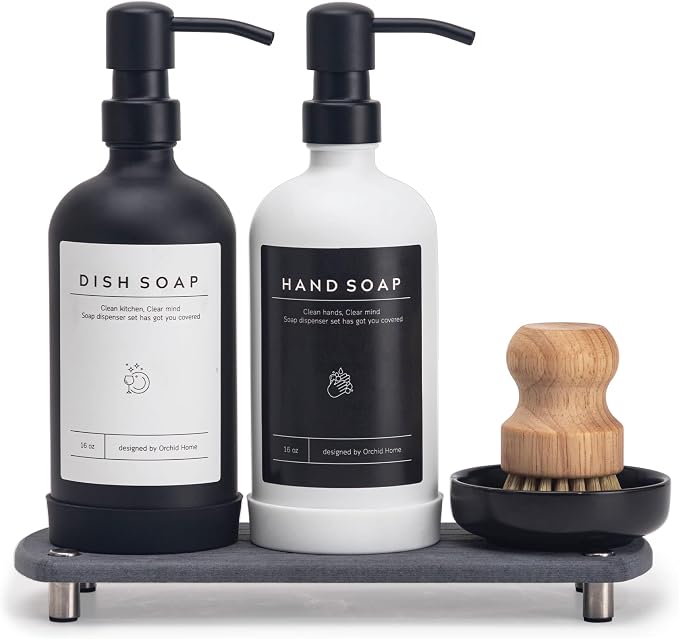 [Luxury] Kitchen Soap Dispenser Set - 16OZ Glass Bottle, Stainless Steel Pump, Instant Dry Tray, Waterproof Labels, Non-Slip Silicone Pad, and Dish Brush | Upgrade for Your Kitchen and Bathroom