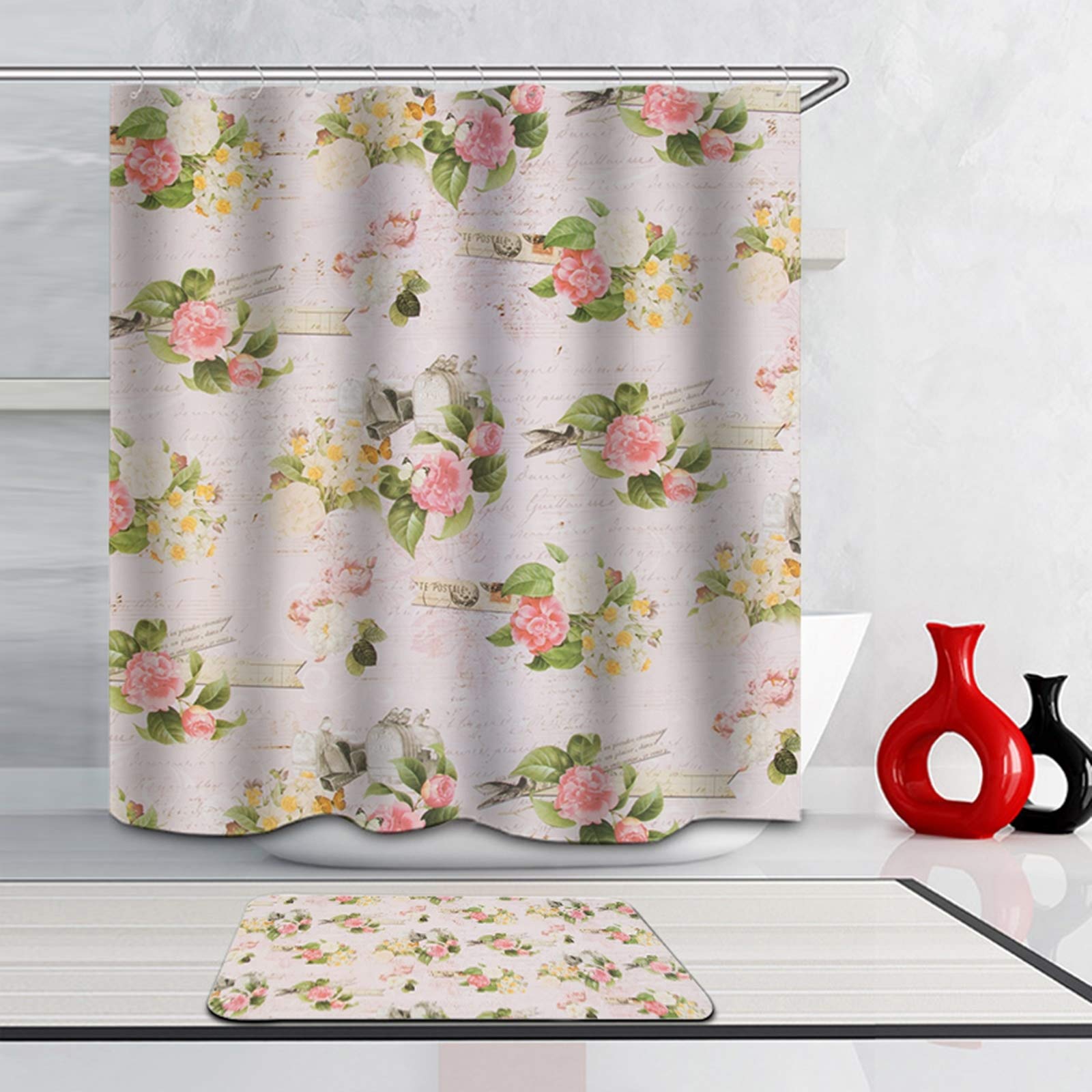 Daesar Dywaniki łazienkowe prysznic antypoślizgowe 40 x 60 kwiaty 165 x 200 cm zasłona łazienkowa vintage zestaw mat łazienkowych