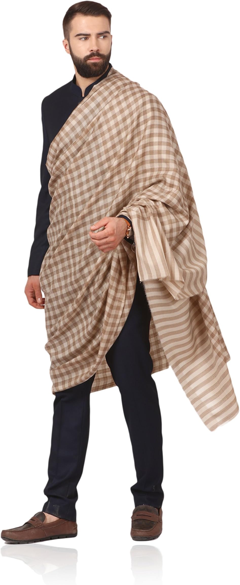 Pashtush Mens Woven Check Design Shawl, Extra-Fine Australian Merino Wool. Light Weight, Soft Wool Handfeel