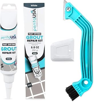 Penta USA White Grout Filler and Grout Removal Tool Bundle Set - 8.8 oz Fast Drying Grout Repair Kit, Restores Tiles Joints, Tile Grout Scraper Saw